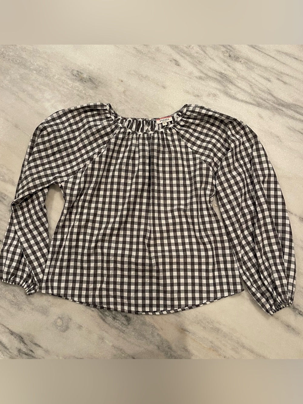 Andrée by Unit Black White Gingham Blouse Size Large Balloon Sleeve Top